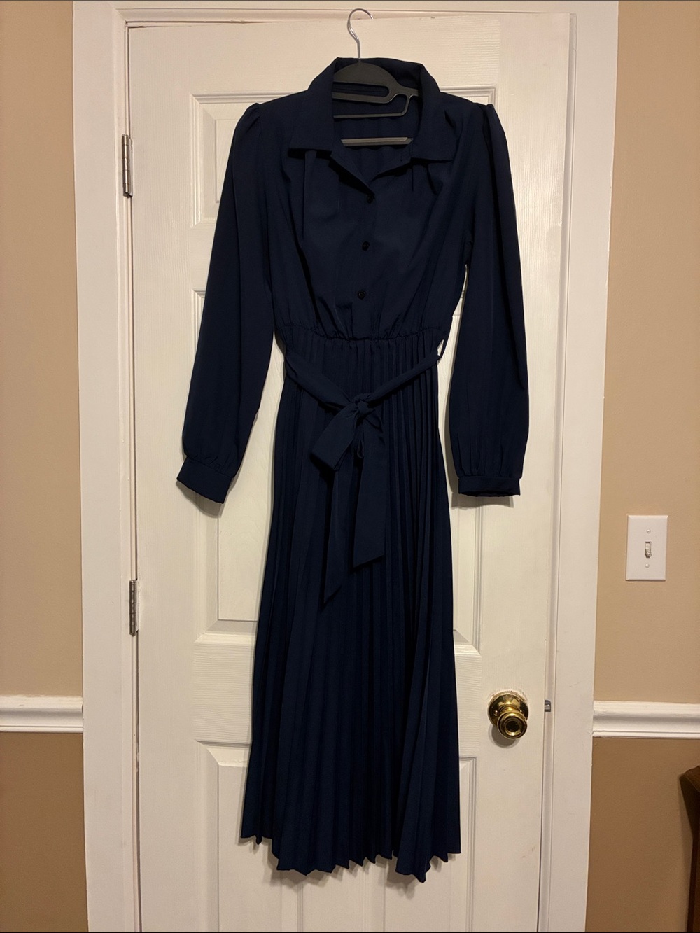 SHEIN Navy Long-Sleeve Pleated Maxi Dress with Self-Tie Waist